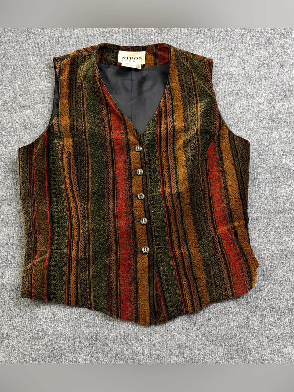 Vintage 90s Nipon Studio Bohemian Striped Velvet Button Front Sz 10